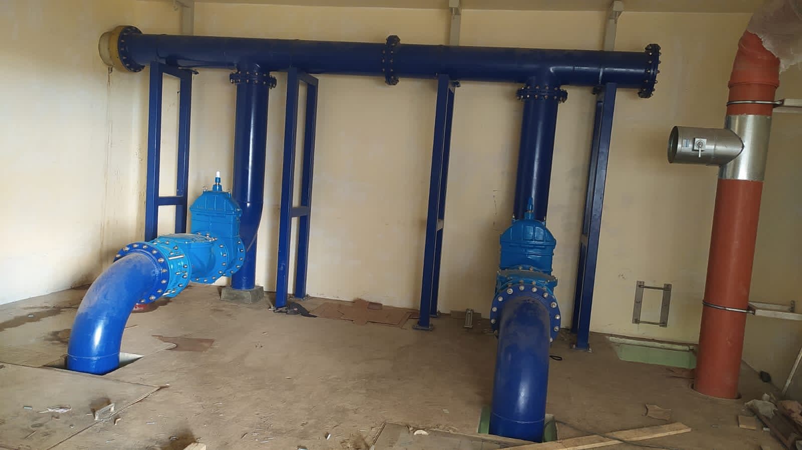 Completed pump room pipework in blue ductile iron with isolation valves
