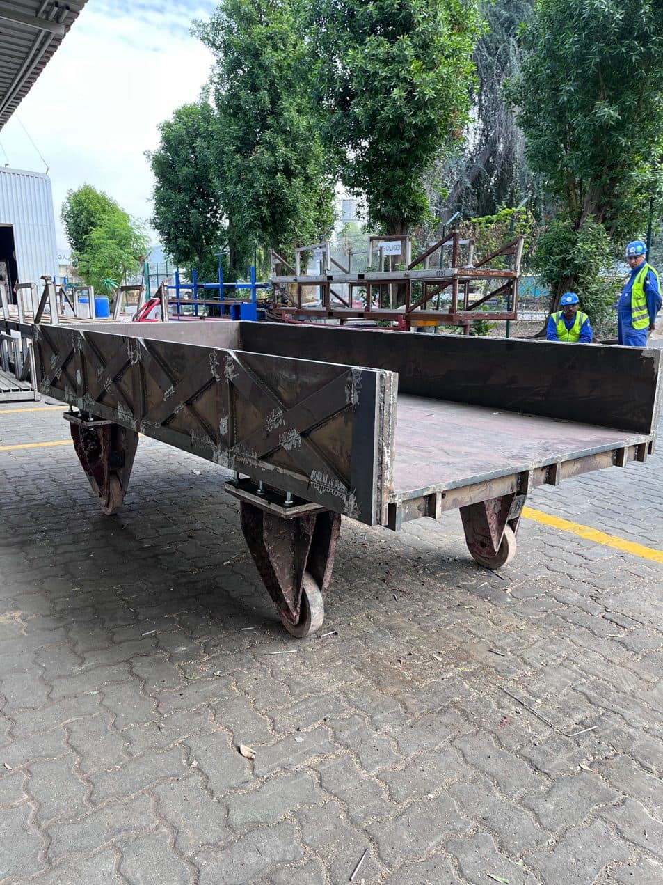 Fabricated steel structure loaded for transport